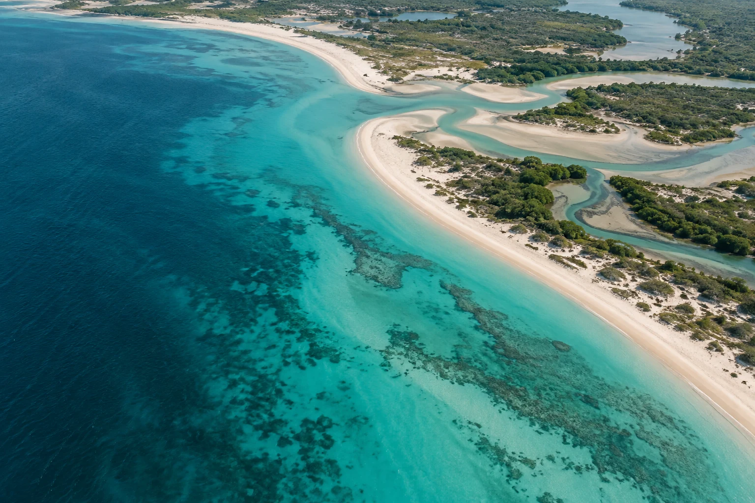 Conceptual aerial illustration of turquoise coastal waters, pale sand and vegetation